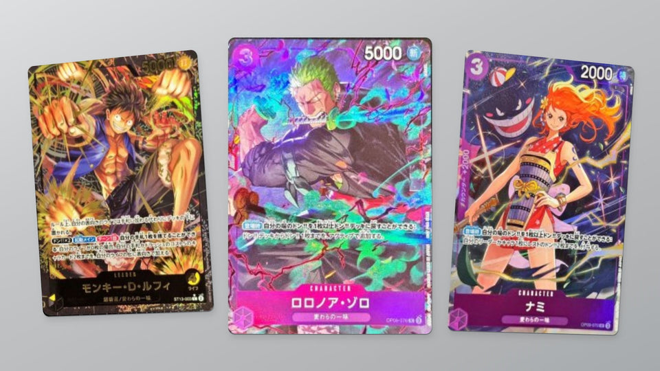Japanese Monkey D. Luffy, Roronoa Zoro and Nami cards in a subtle angled arrangement