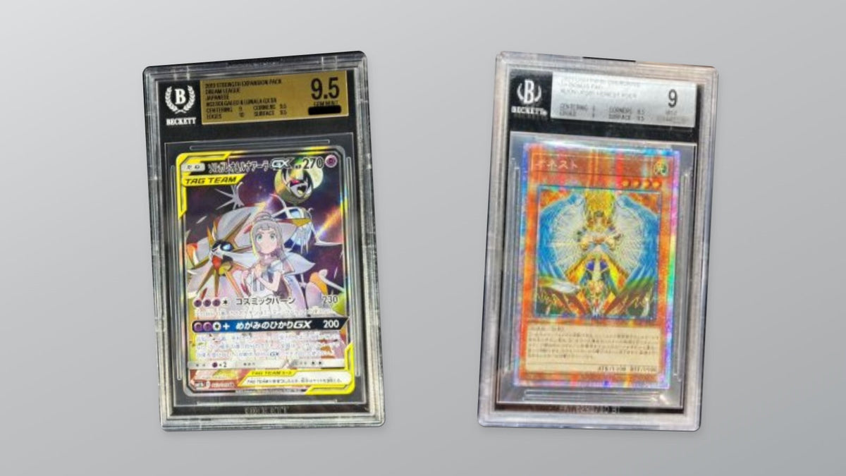 Original catalogue photographs of Solgaleo and Lunala GX in a BGS 9.5 holder and Honest in a BGS 9 holder